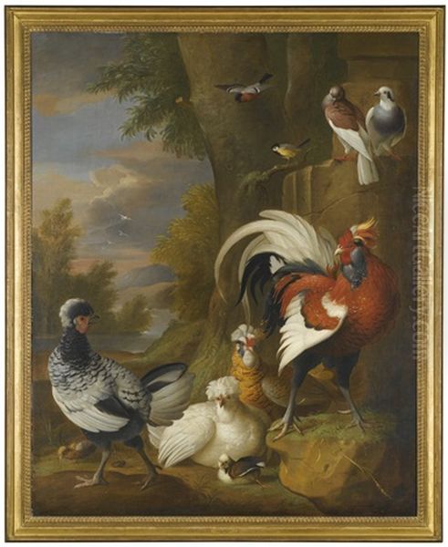 A Cock, Hens, Pigeons And Other Birds In An Extensive Landscape - view 1