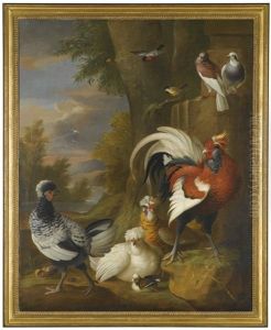 A Cock, Hens, Pigeons And Other Birds In An Extensive Landscape A Cock, Hens, Pigeons And Other Birds In An Extensive Landscape