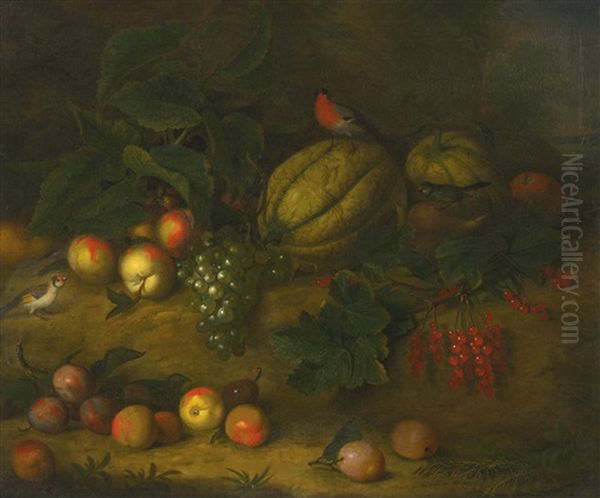 Still Life With Plums, Grapes, A Melon And Songbirds - view 1