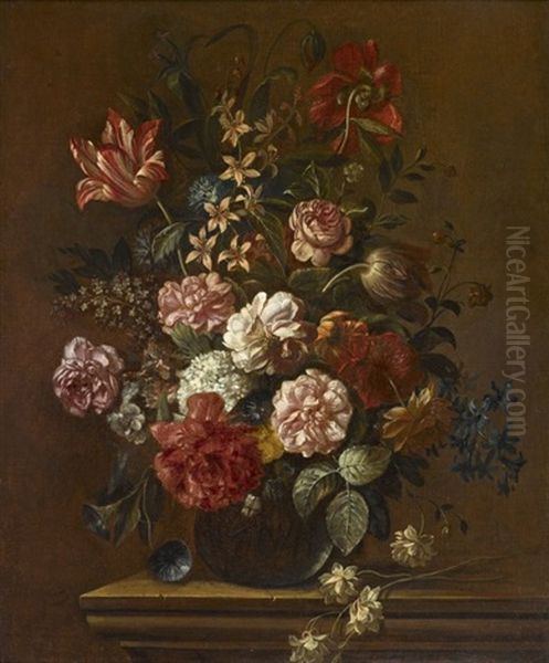Vase Pose Sur Une Console Contenant Des Roses Cent-feuilles, Des Tulipes, Des Pavots, Des Pivoines, Des Anemones Simples Et Doubles, Des Hypomees, Des Boules De Neige Et D'autres Fleurs - view 1