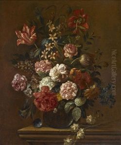 Vase Pose Sur Une Console Contenant Des Roses Cent-feuilles, Des Tulipes, Des Pavots, Des Pivoines, Des Anemones Simples Et Doubles, Des Hypomees, Des Boules De Neige Et D'autres Fleurs