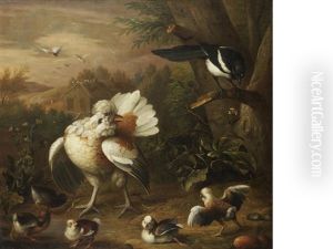 A Hen And Her Chicks, With A Magpie, Before A Farm House