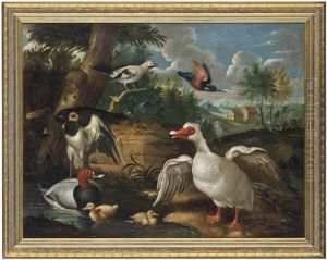 A Muscovy Duck, A Pochard With Ducklings On The Banks Of A River, With Other Birds, A Landscape Beyond