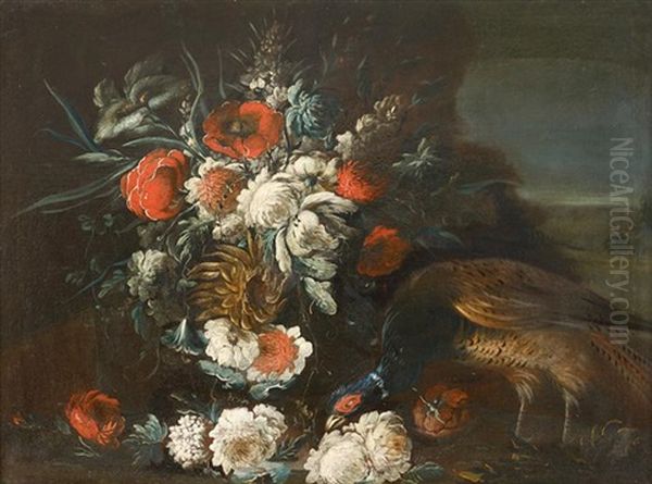 Pheasant And Mixed Flowers In A Landscape - view 1