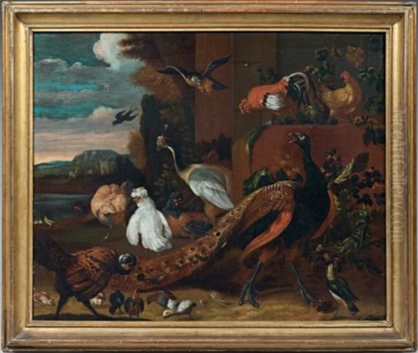 Paon, Poules Et Perroquet Dans Un Paysage - view 1