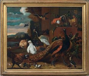 Paon, Poules Et Perroquet Dans Un Paysage