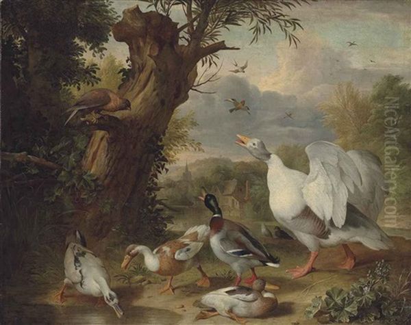 A Goose, Ducks And A Raptor By A Pond In A Wooded Landscape, A Farmyard And A Church Beyond - view 1