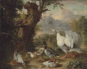 A Goose, Ducks And A Raptor By A Pond In A Wooded Landscape, A Farmyard And A Church Beyond by Jakob Bogdani