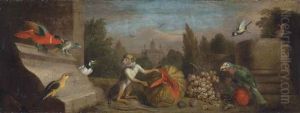 A Capucin Monkey Eating A Melon With A Parrot, A Parakeet, A Golden Oriole And Other Exotic Birds, With Grapes And Plums Beside Classical Ruins by Jakob Bogdani