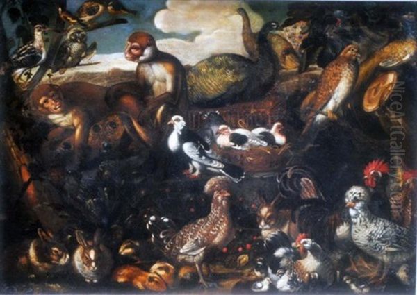 Menagerie Of Wild Fowl With Monkeys - view 1