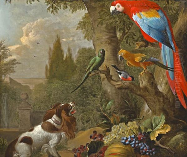 A Still Life With Fruit, Parrots, Cockatoo And Spaniel - view 1