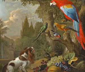 A Still Life With Fruit, Parrots, Cockatoo And Spaniel by Jakob Bogdani