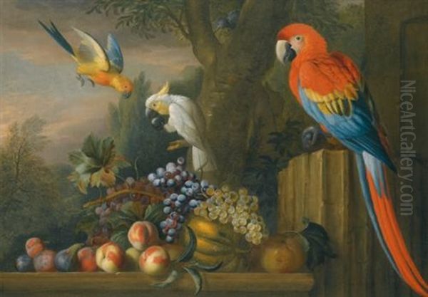 A Still Life With Fruit, Parrots And A Cockatoo - view 1