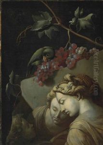 A Parrot Eating Grapes On A Fragment Of A Classical Relief