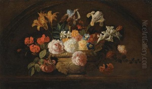 Still Life Of Flowers In A Vase On A Marble Shelf - view 1