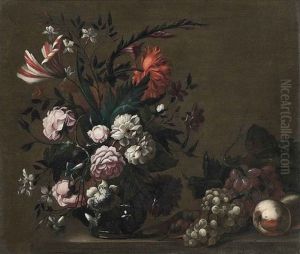 Roses, A Parrot Tulip, Chrysanthemums And Other Flowers In A Glass Vase, With Grapes And Peaches On A Stone Ledge