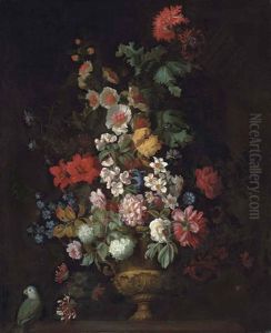 Roses, Lilies, Carnations, Chrysanthemums And Other Flowers In A Bronze Urn On A Ledge, With A Bumblebee And A Parrot