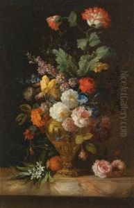 A Still Life Of Roses And Other Flowers In A Metal Vase On A Marble Ledge by Jakob Bogdani