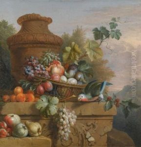 Still Life With A Basket Of Fruit, A Parrot And An Urn On A Carved Stone Ledge by Jakob Bogdani