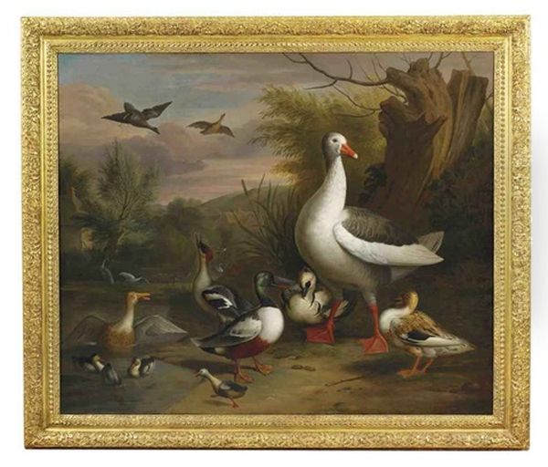 A Goose, Eider, Grebe And Other Fowl Beside A Pond - view 1
