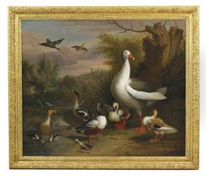 A Goose, Eider, Grebe And Other Fowl Beside A Pond