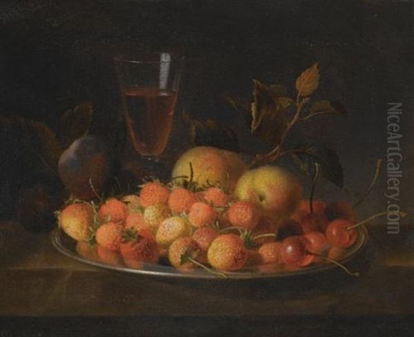 Still Life Of Strawberries, Cherries, And Peaches On A Silver Dish, A Glass Of Red Wine And Plums, All On A Wooden Ledge - view 1