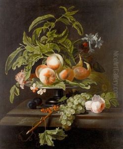 Figs And Peaches On A Pewter Tray, With Redcurrants, Grapes And A Rose On The Marble Ledge Beneath