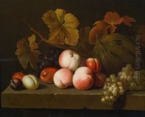 Ein Stillleben Von Pfirsichen, Trauben, Pflaumen Und Einer Melone Auf Einer Steinbrustung by Jakob Bogdani