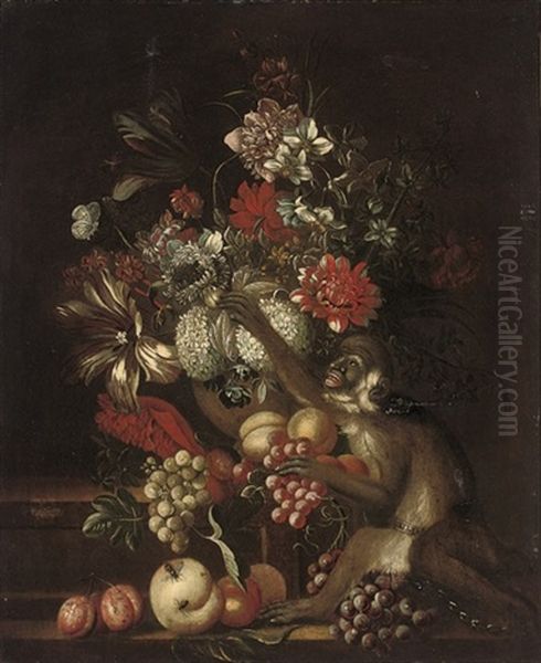 Grapes, Peaches, And Plums On Stone Steps With A Monkey - view 1