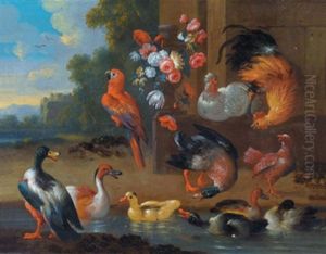 Papgeien, Huhner Und Enten An Einem Teich by Jakob Bogdani