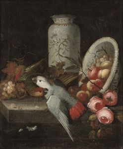 A Pair Of Parrots With Grapes, Roses, Peaches, An Orange And A China Vase And Bowl by Jakob Bogdani