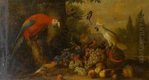 A Parrot, A Blue Tit And Other Birds With Grapes, Peaches, A Melon And Apples In A Park Landscape