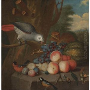 A Still Life With A Parrot And Other Birds, Grapes, Plums, A Watermelon, Peaches And A Snail On A Stone Ledge