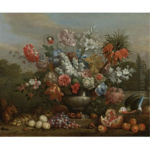 Still Life With Flowers In A Silver Urn With Fruits, A Squirrel And A Parrot Resting On The Ground Beside It