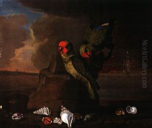 Papageien Und Muscheln Vor Einer Meereslandschaft Mit Segelschiff by Jakob Bogdani