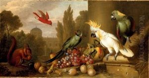 A Cardinal, A Plum-headed Parakeet, A Lesser Sulphur-crested Cockatoo, A Yellow-naped Amazon, And A Squirrel With Fruit In A Ruin, A City Beyond A Cardinal, A Plum-headed Parakeet, A Lesser Sulphur-crested Cockatoo, A Yellow-naped Amazon, And A Squirrel With Fruit In A Ruin, A City Beyond