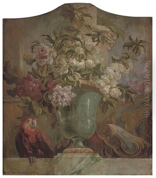 Flowers In An Urn With A Parrot On A Ledge - An Overdoor - view 1