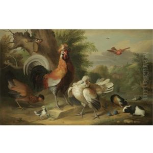 A Cockerel, Chickens And Other Birds With Guinea Pigs In A Landscape by Jakob Bogdani