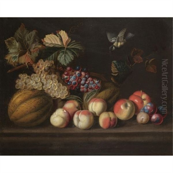 A Still Life With A Melons, Grapes, Peaches, Apples And A Bluetit - view 1