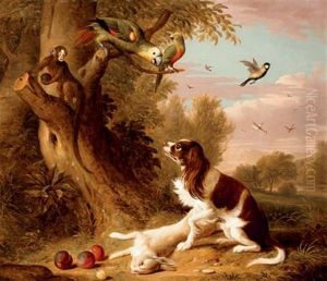 A Spaniel With A Dead Hare In A Landscape, With Parrots And A Monkey In A Tree by Jakob Bogdani