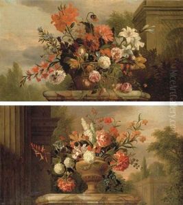Lilies, Roses, Morning Glory And Other Flowers In A Basket On A Marble Plinth, By A Fountain In A Garden (+ Peonies, Convolvulus, Chrysanthemums And Other Flowers In A Sculpted Urn; Pair) by Jakob Bogdani