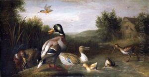 A River Landscape With Fowl Before A Cottage, A Church In The Distance Beyond