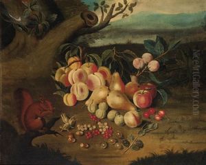 A Red Squirrel Holding A Nut, With Apples, Pears, Cherries, Plums, Gooseberries, Currents And Hazelnuts, In A Wooded Clearing