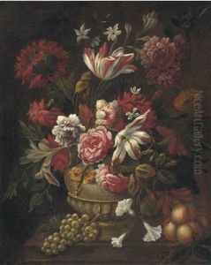 Roses, Lilies, Tulips And Narcissi In A Stone Urn With Grapes And Peaches On A Stone Ledge