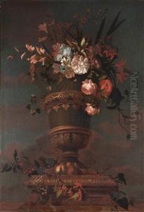 Roses, Tulips, Narcissi And Other Flowers In A Vase On A Marble Ledge With Grapes, Cherries, Red Currants And Apples by Jakob Bogdani