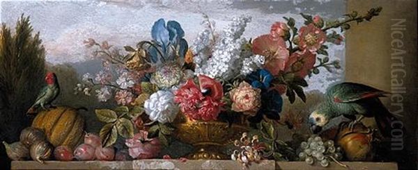 Still Life Of Flowers With Honeysuckle, A Daffodil, An Iris And Other Flowers In A Bronze Urn, Together With Pomegranates, Plums, Figs, Grapes And A Melon, All Resting On A Stone Ledge With A Parrot - view 1