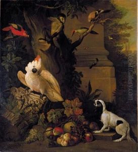 Still Life With Parrots, A Jay, A Woodpecker And A Finch, Together With A Spaniel And Various Fruits In A Parkland Setting by Jakob Bogdani
