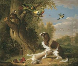 A Spaniel With A Dead Hare In A Landscape With Parrots And A Monkey In A Tree