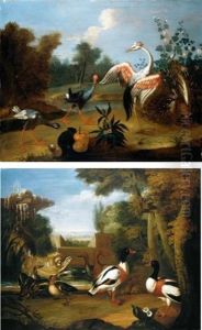 Still Life With A Porcupine And Purple Gallinules, Together With A Flamingo In A Parkland Landscape (+ Still Life Of Teal, Shelduck, And Gadwall Duck In A Parkland Landscape; Pair) by Jakob Bogdani