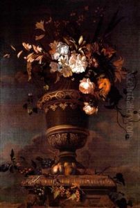 Roses, Tulips, Narcisi And Other Flowers In A Vase On A Marble Ledge With Grapes, Cherries, Redcurrants And Apples